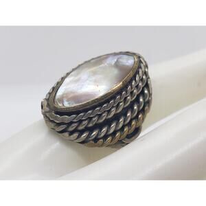 Vintage Mixed Metal & Mother of Pearl BIG Ring Adjustable Boho Rope Adjustable